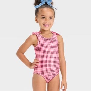 Cat & Jack Toddler Girls' Gingham One Piece Swimsuit Red 4T